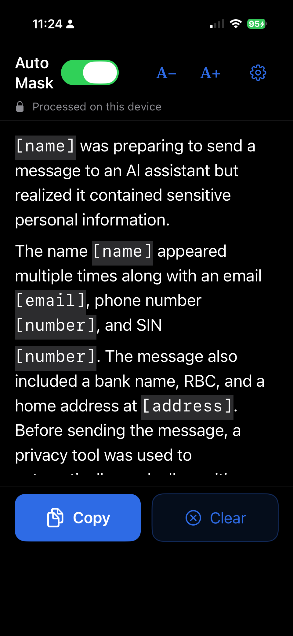 I'm John Doe on iPhone showing masked text with name, email, phone, and address placeholders