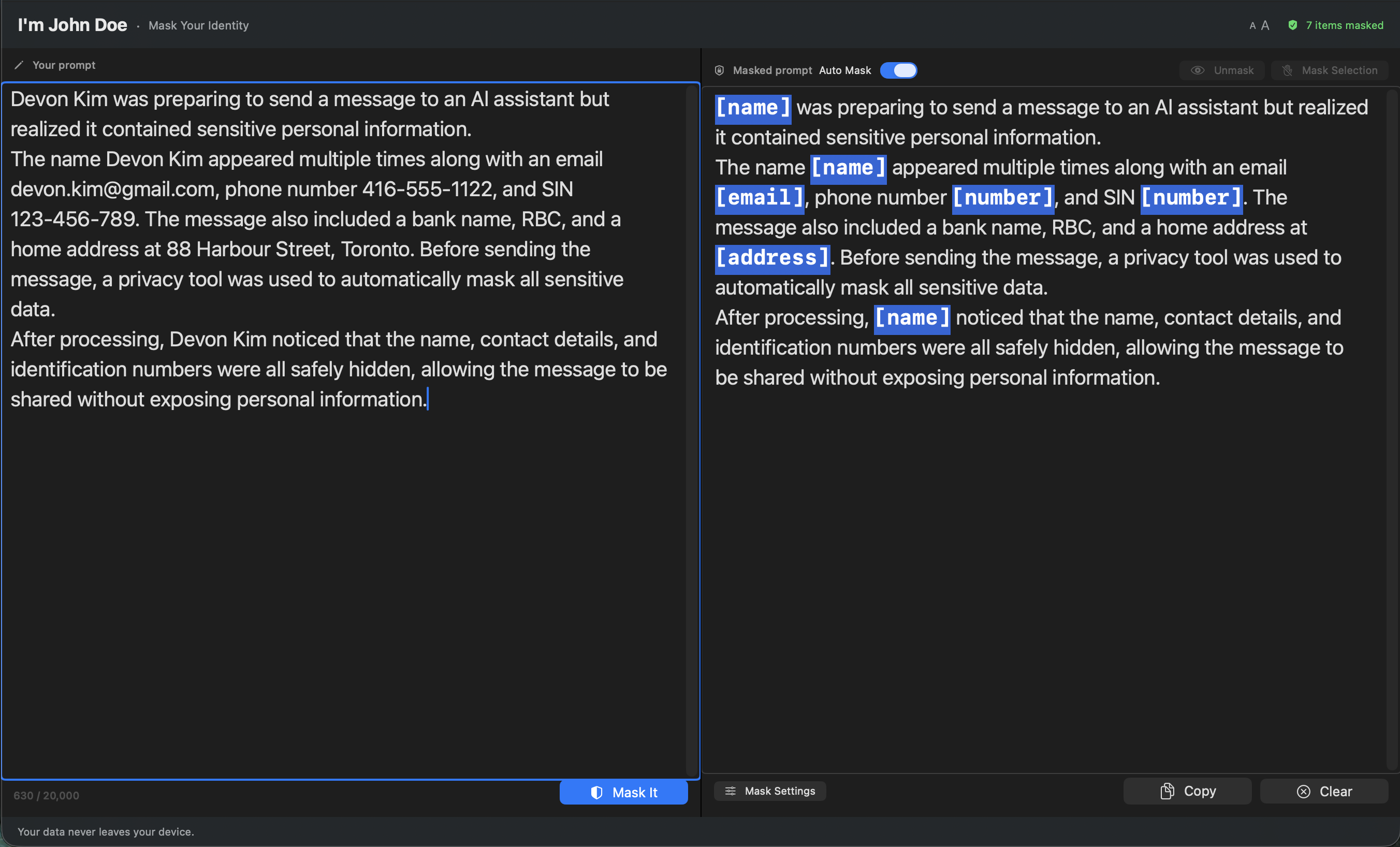 Right pane showing the masked version with placeholders