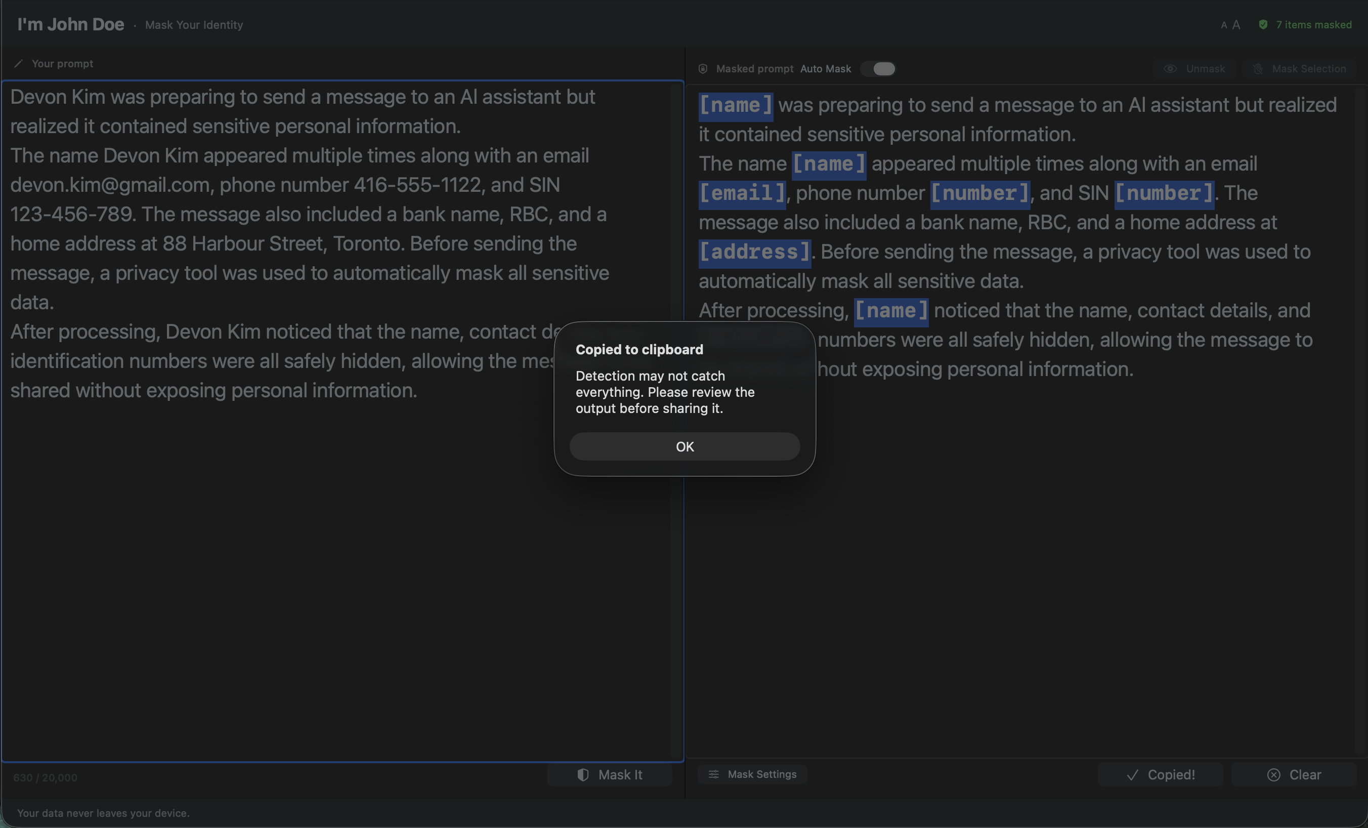 Highlighted masked text ready to copy